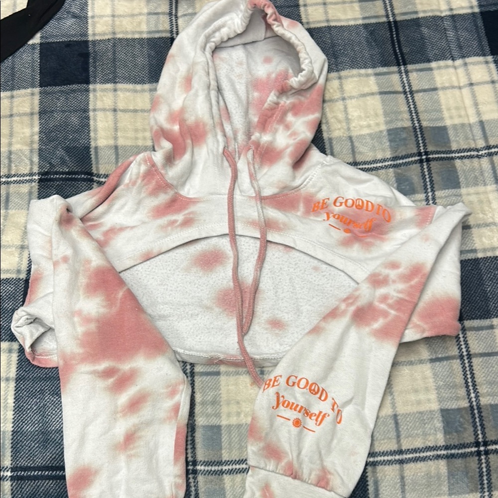 Tie-Dye Cropped Hoodie with Orange Text